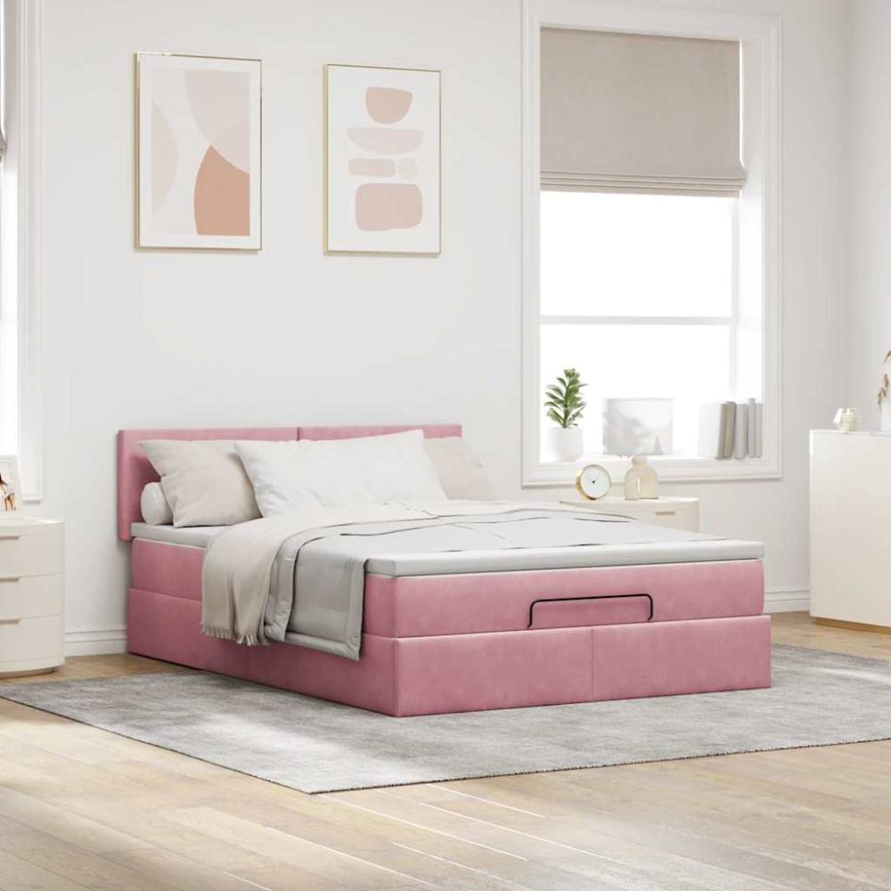 Produktbild för Ottoman sängram med madrass rosa 140x200 cm sammet