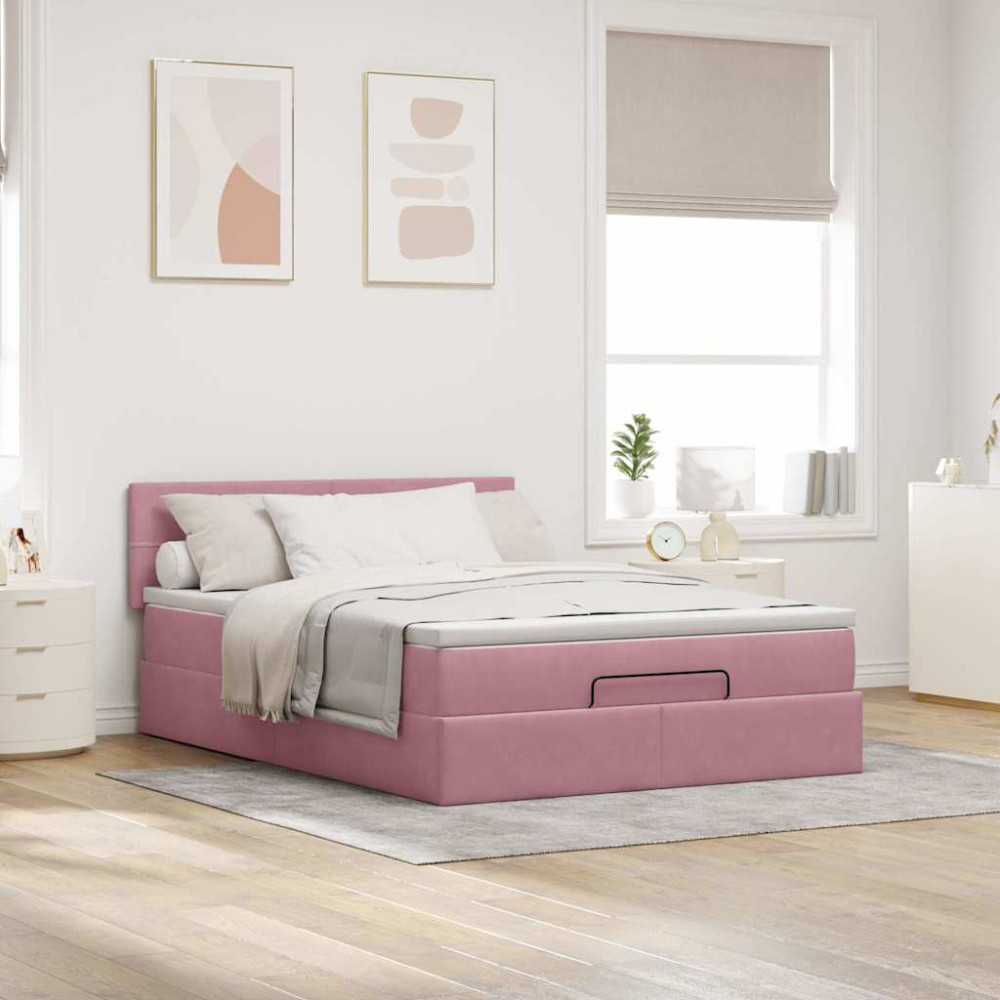 Produktbild för Ottoman sängram med madrass rosa 140x200 cm sammet