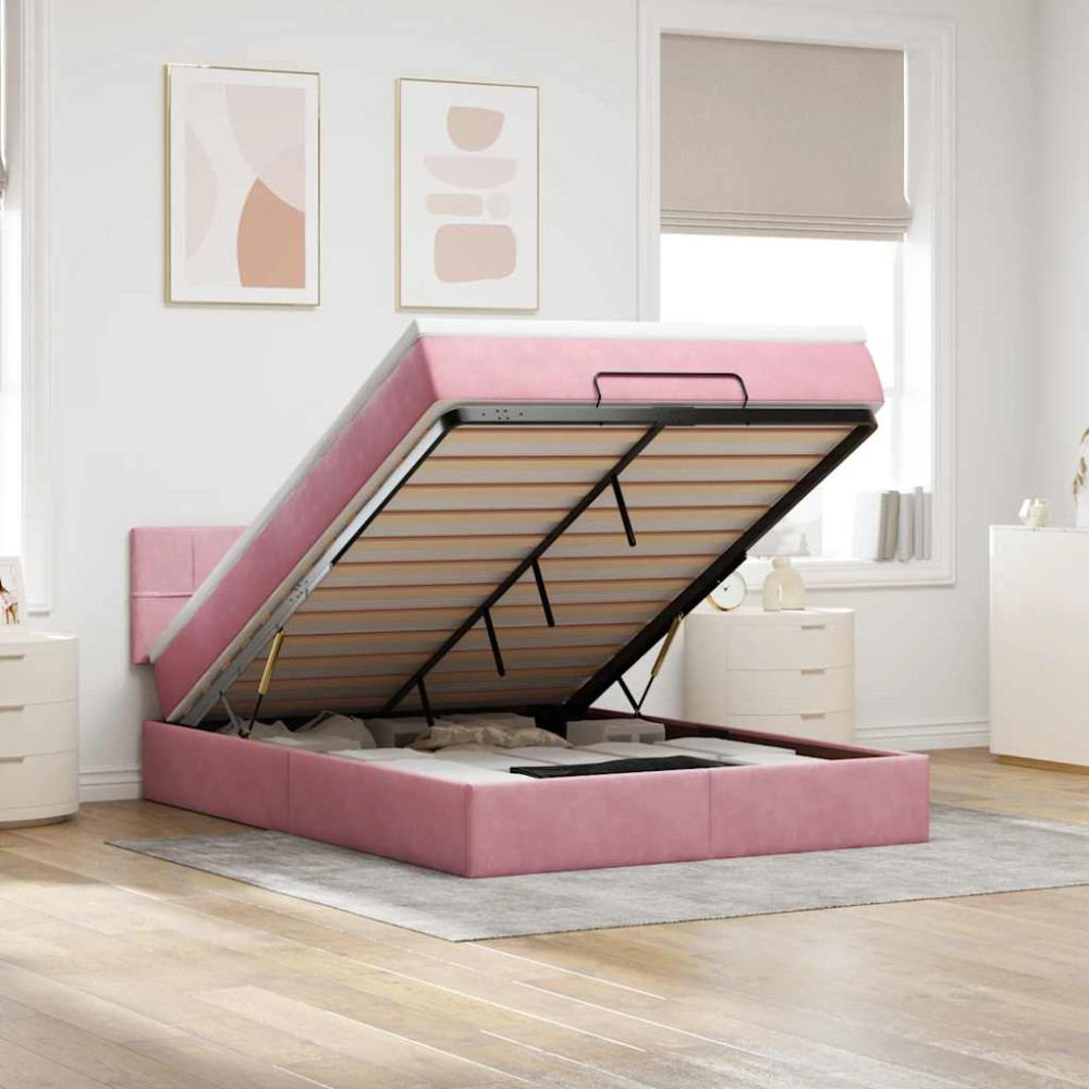Produktbild för Ottoman sängram med madrass rosa 140x200 cm sammet