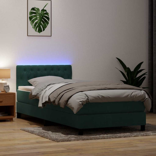 vidaXL Resårsäng med madrass och LED mörkgrön 80x220 cm sammet