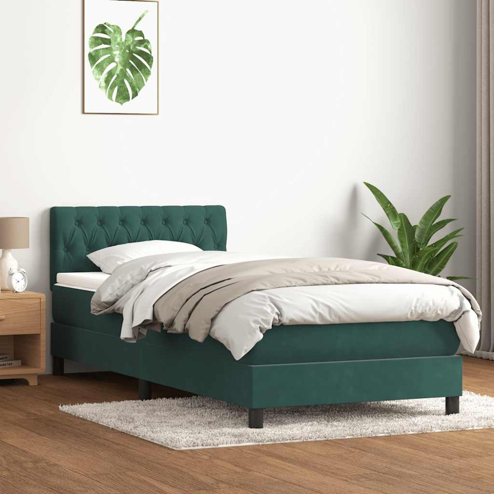 Produktbild för Resårsäng med madrass och LED mörkgrön 80x220 cm sammet