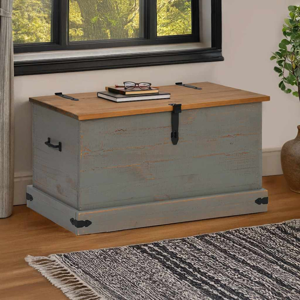 Produktbild för Förvaringskista HALDEN grå 91x48x47 cm massiv trä furu