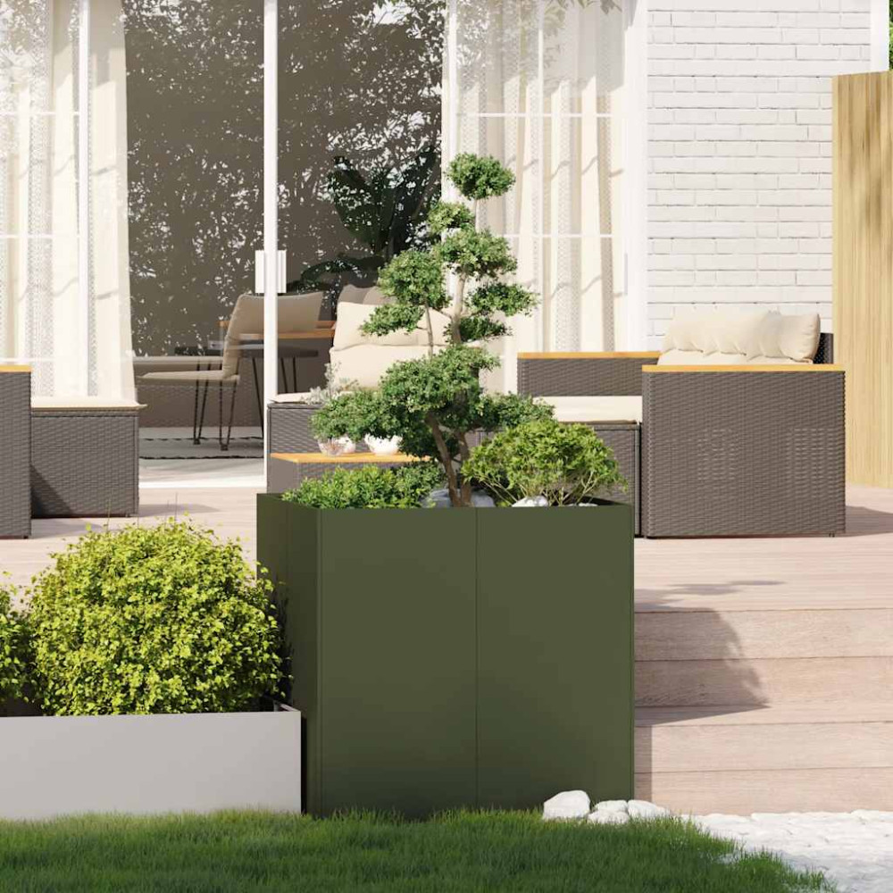 Produktbild för Planteringskärl olivgrön 80x80x80 cm stål