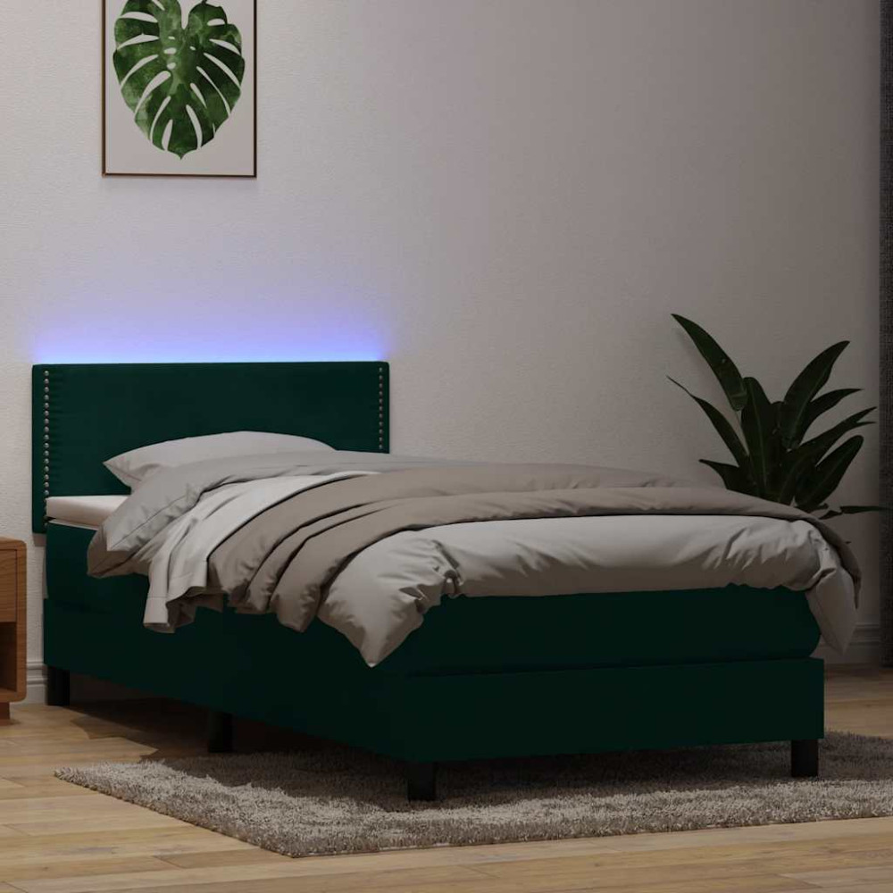 Produktbild för Resårsäng med madrass och LED mörkgrön 80x220 cm sammet