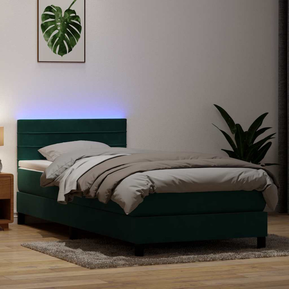 Produktbild för Resårsäng med madrass och LED mörkgrön 80x220 cm sammet