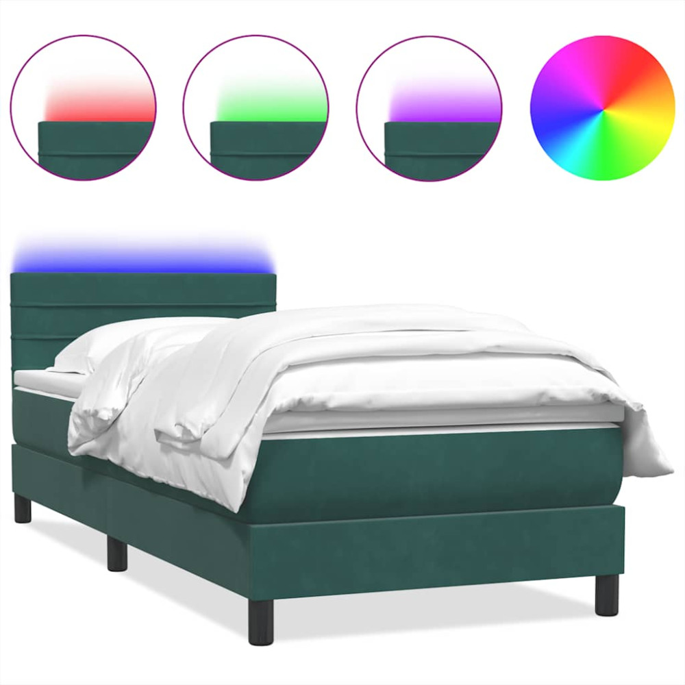 Produktbild för Resårsäng med madrass och LED mörkgrön 80x220 cm sammet
