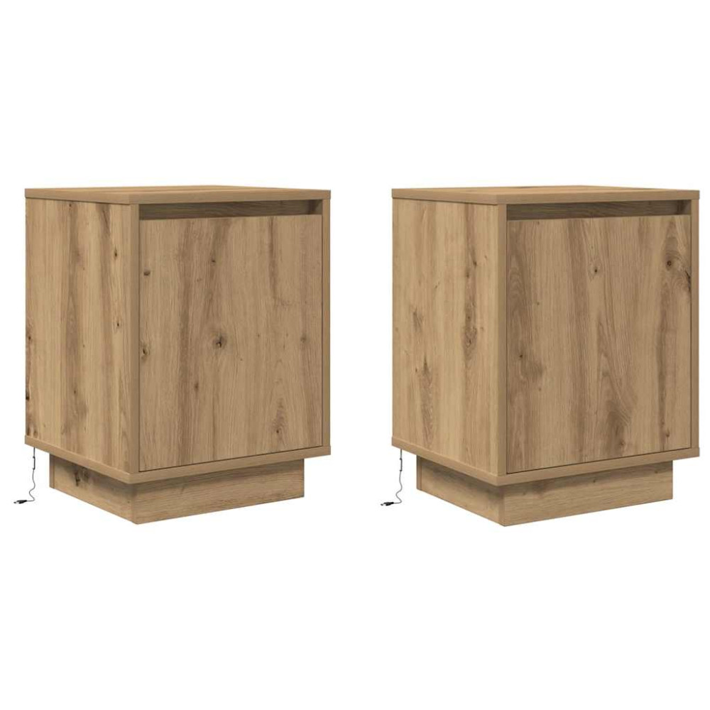 Produktbild för Sängbord med LED-lampor 2 st, hantverksmässig ek 38x34x50 cm