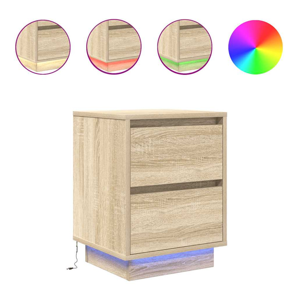 Produktbild för Sängbord med LED-lampor 2 st, Sonoma Ek 38x34x50 cm