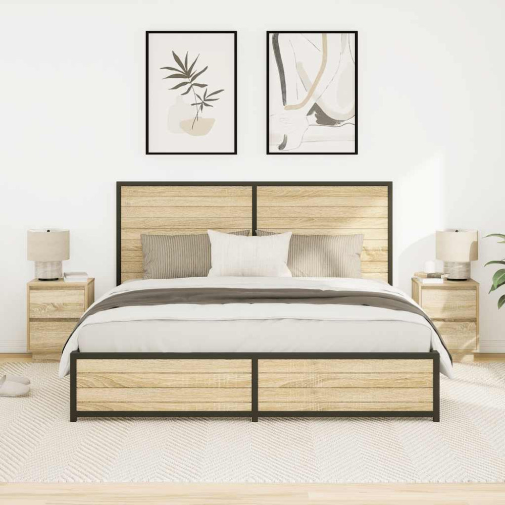 Produktbild för Sängbord med LED-lampor 2 st, Sonoma Ek 38x34x50 cm