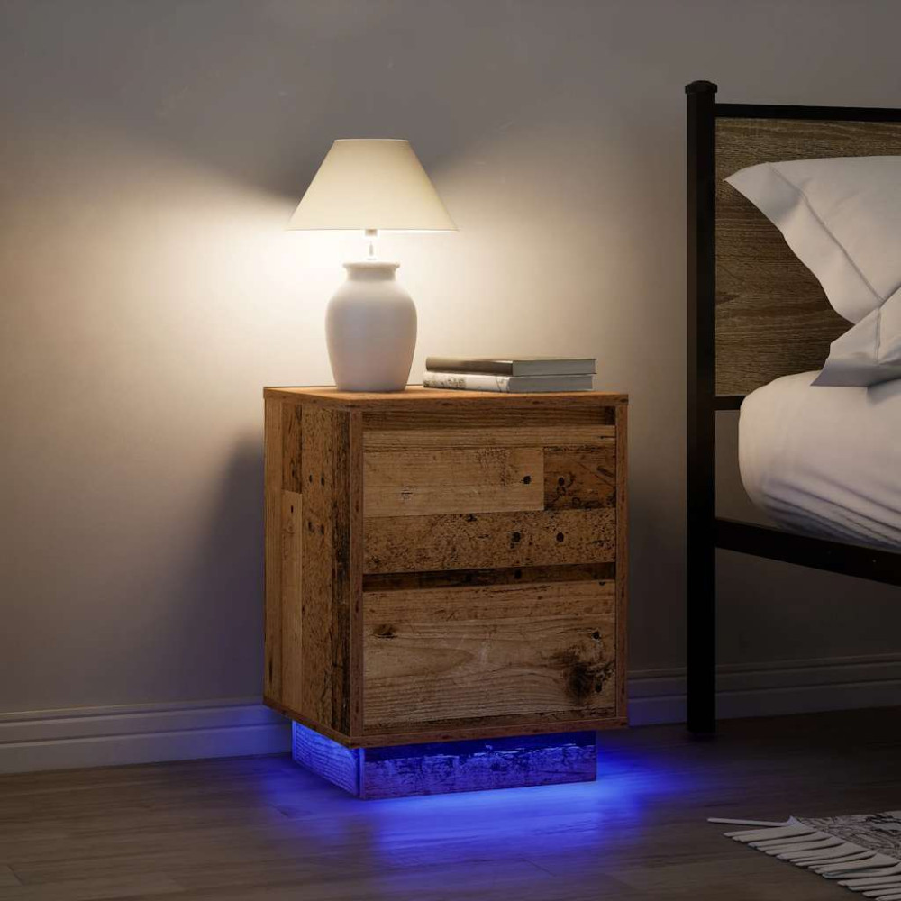 Produktbild för Sängbord med LED-lampor 2 st gammalt trä 38x34x50 cm