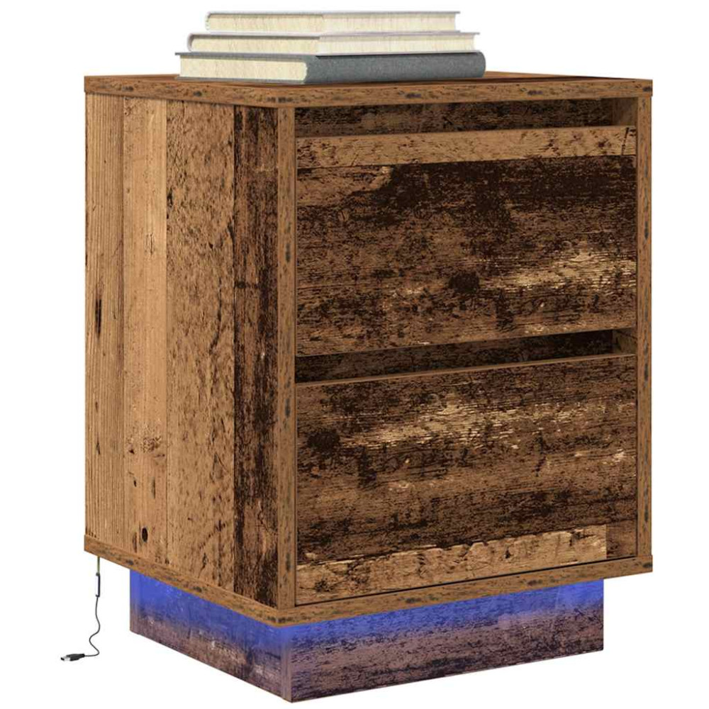 Produktbild för Sängbord med LED-lampor 2 st gammalt trä 38x34x50 cm