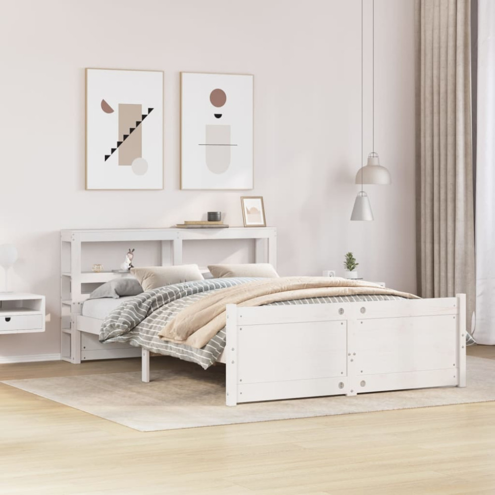 Produktbild för Sängram med huvudgavel vit 150x200 cm massiv furu