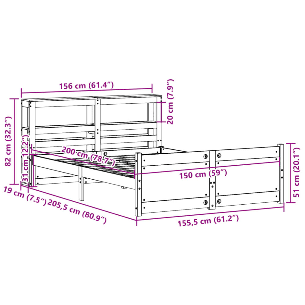 Produktbild för Sängram med huvudgavel vit 150x200 cm massiv furu