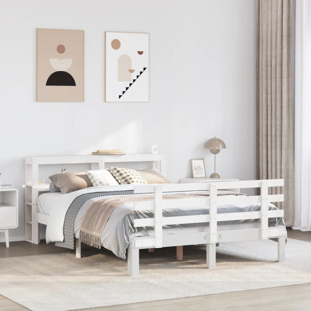 Produktbild för Sängram med huvudgavel vit 150x200 cm massiv furu