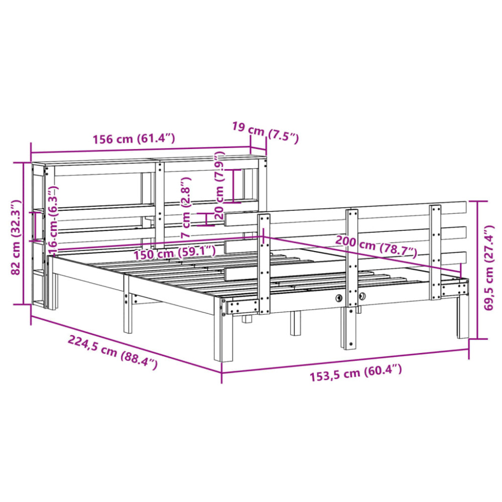Produktbild för Sängram med huvudgavel vit 150x200 cm massiv furu
