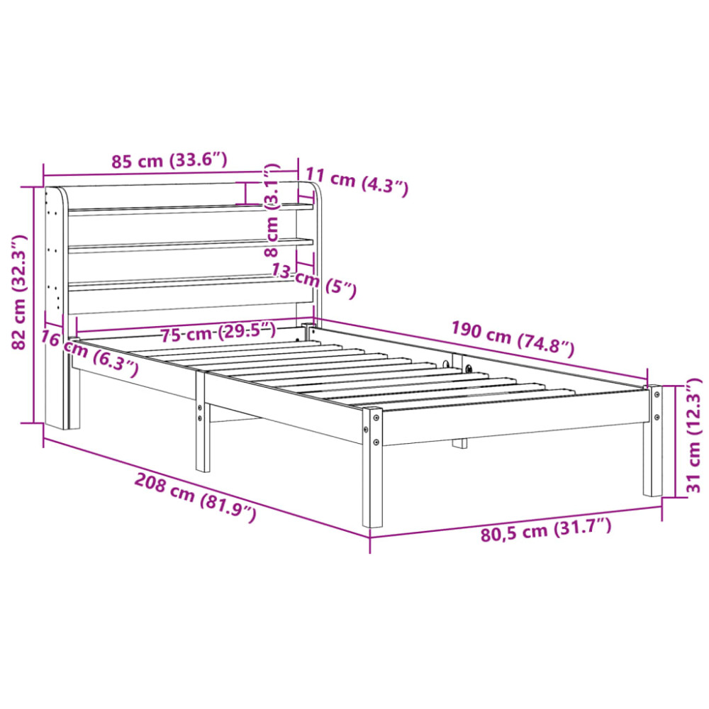 Produktbild för Sängram med huvudgavel vaxbrun 75x190 cm massiv furu