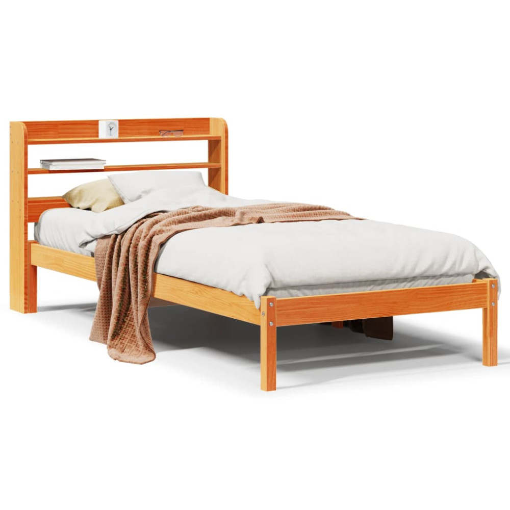 Produktbild för Sängram med huvudgavel vaxbrun 75x190 cm massiv furu