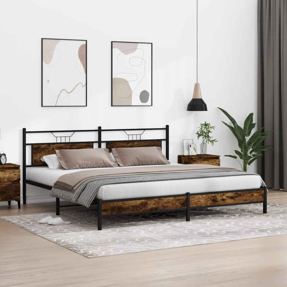 Produktbild för Sängram utan madrass metall rökfärgad ek 193x201 cm
