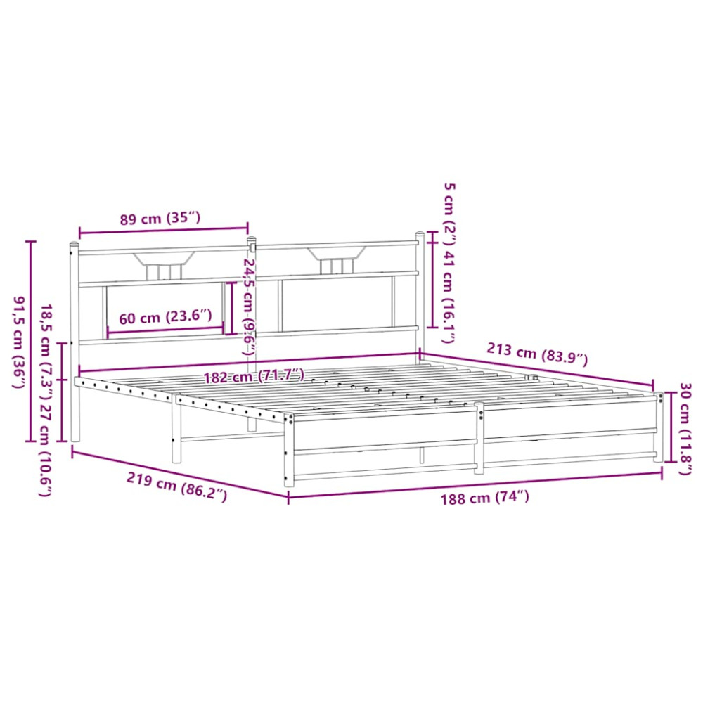 Produktbild för Sängram utan madrass metall rökfärgad ek 183x213 cm