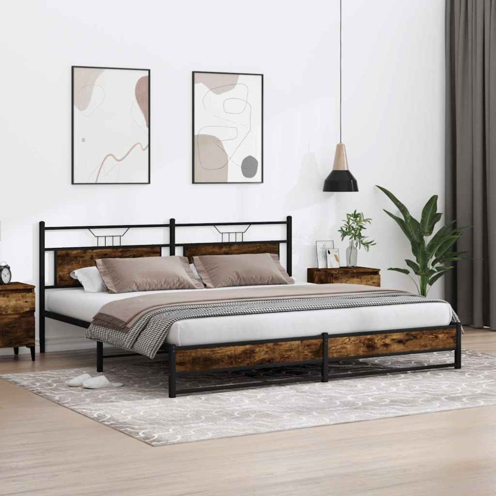 Produktbild för Sängram utan madrass metall rökfärgad ek 193x201 cm