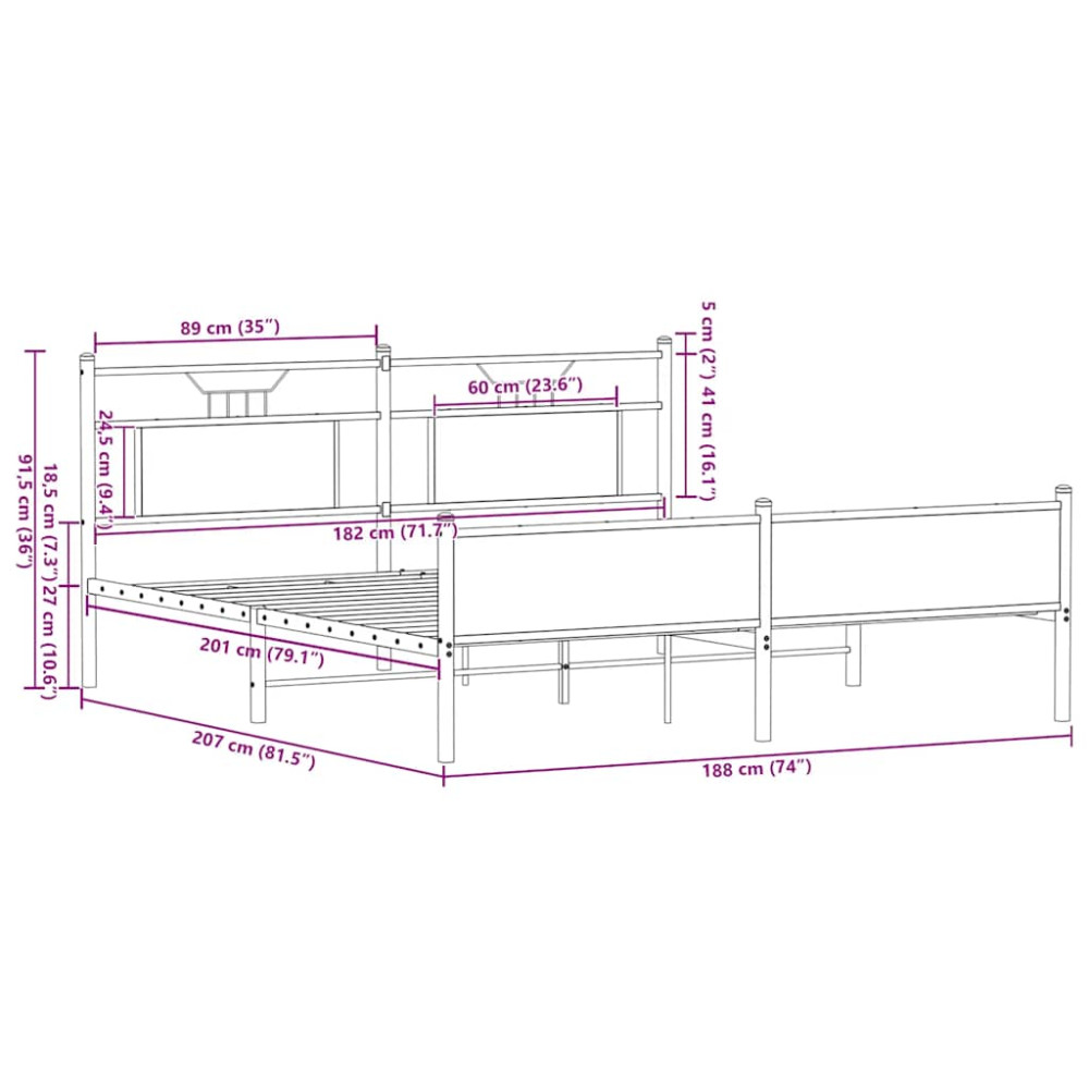 Produktbild för Sängram utan madrass metall rökfärgad ek 180x200 cm