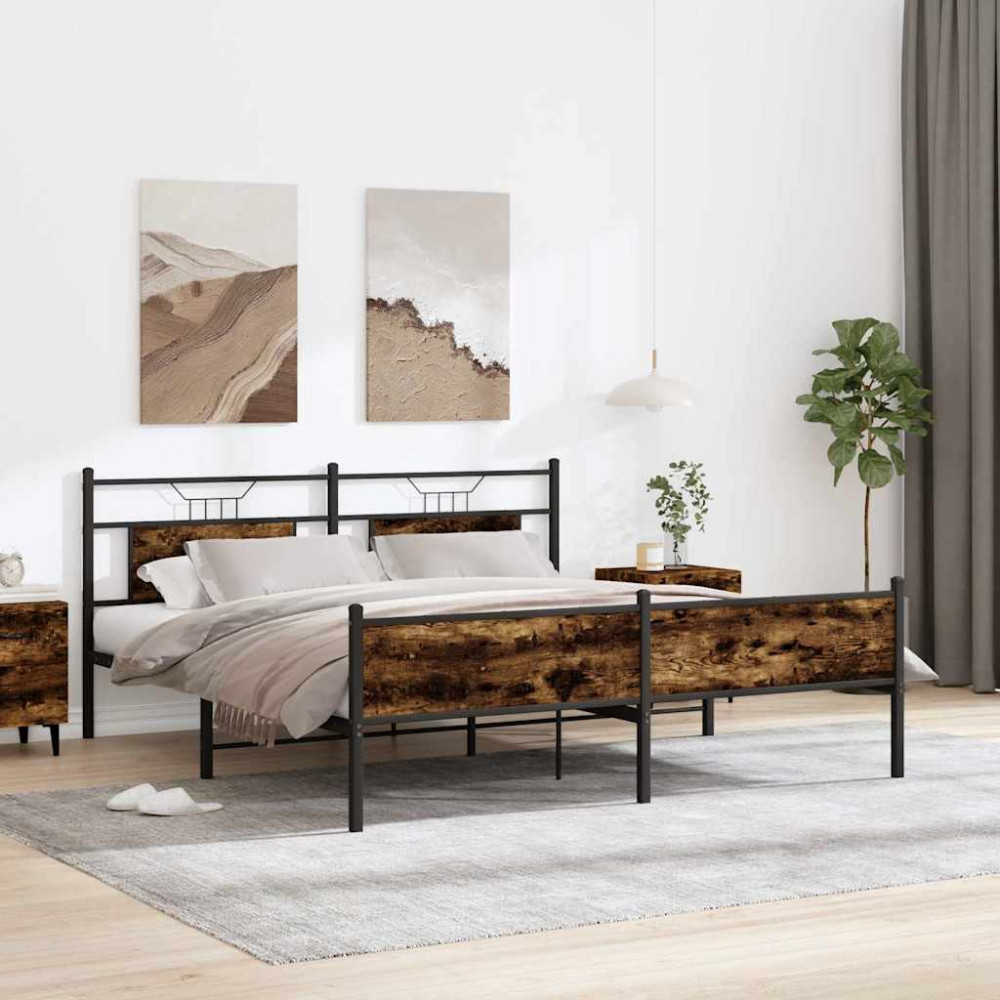 Produktbild för Sängram utan madrass metall rökfärgad ek 183x213 cm