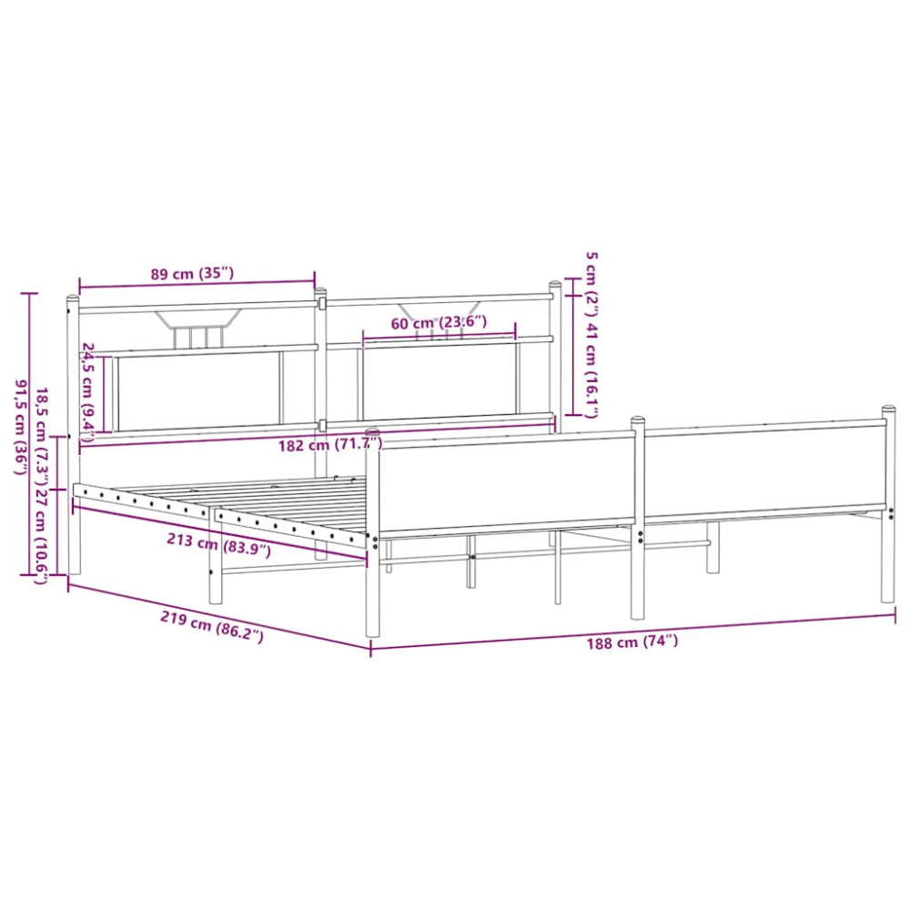Produktbild för Sängram utan madrass metall rökfärgad ek 183x213 cm