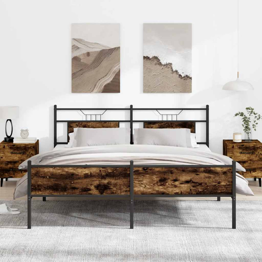 Produktbild för Sängram utan madrass metall rökfärgad ek 183x213 cm