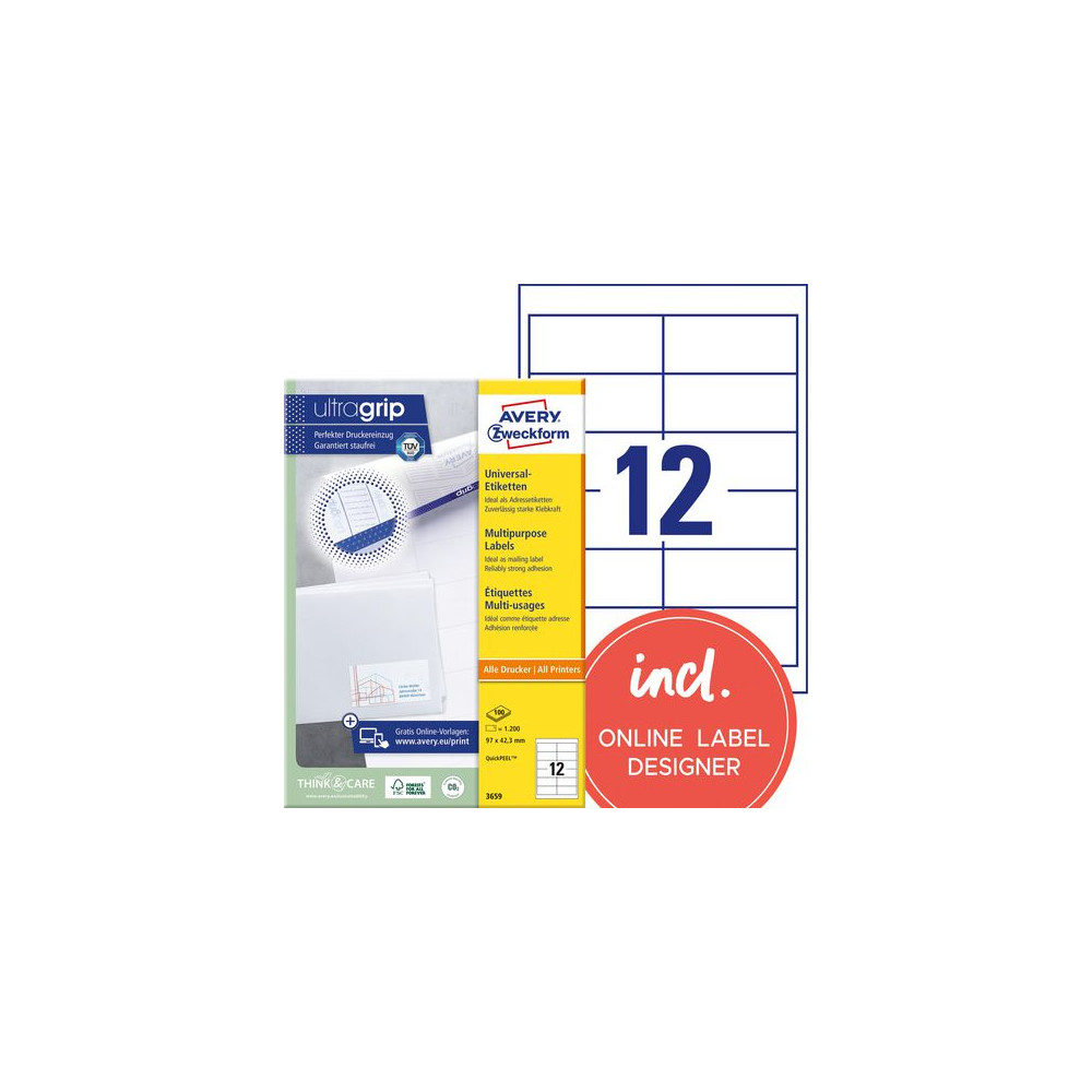 Produktbild för Etikett AVERY 97x42,3mm 1200/fp
