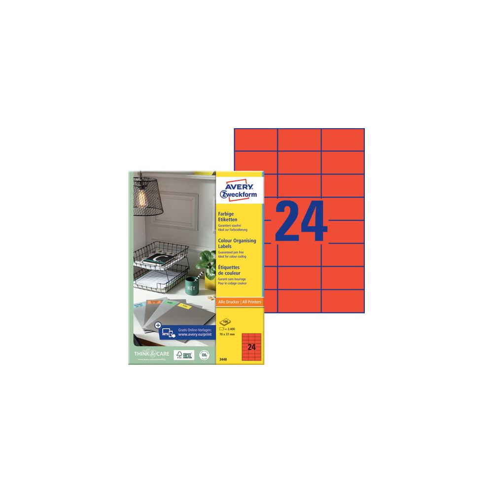 Produktbild för Etikett AVERY röd 70x37mm 2400/fp