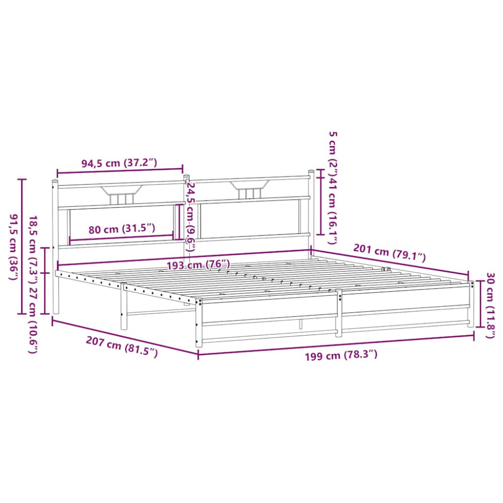 Produktbild för Sängram utan madrass metall sonoma-ek 193x201 cm
