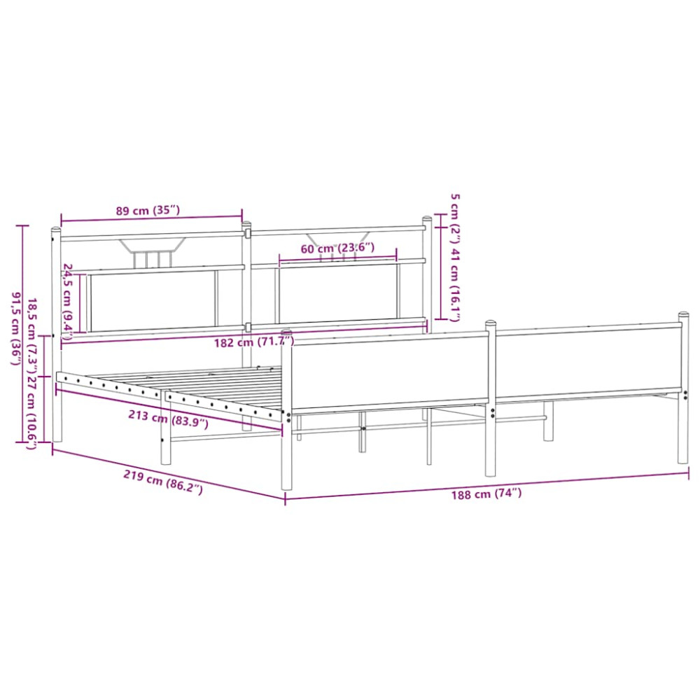 Produktbild för Sängram utan madrass metall sonoma-ek 183x213 cm