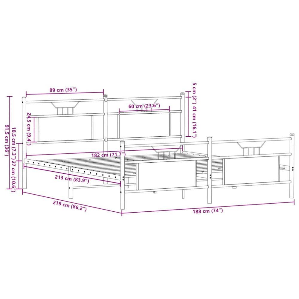 Produktbild för Sängram utan madrass metall rökfärgad ek 183x213 cm