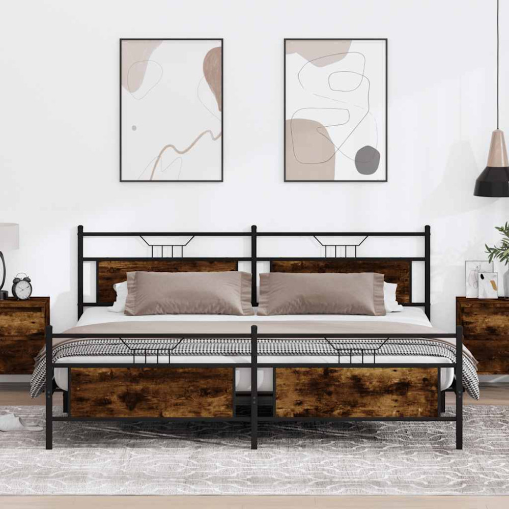 Produktbild för Sängram utan madrass metall rökfärgad ek 193x201 cm