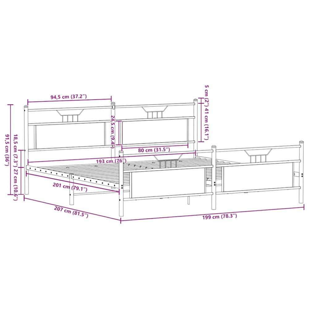 Produktbild för Sängram utan madrass metall rökfärgad ek 193x201 cm