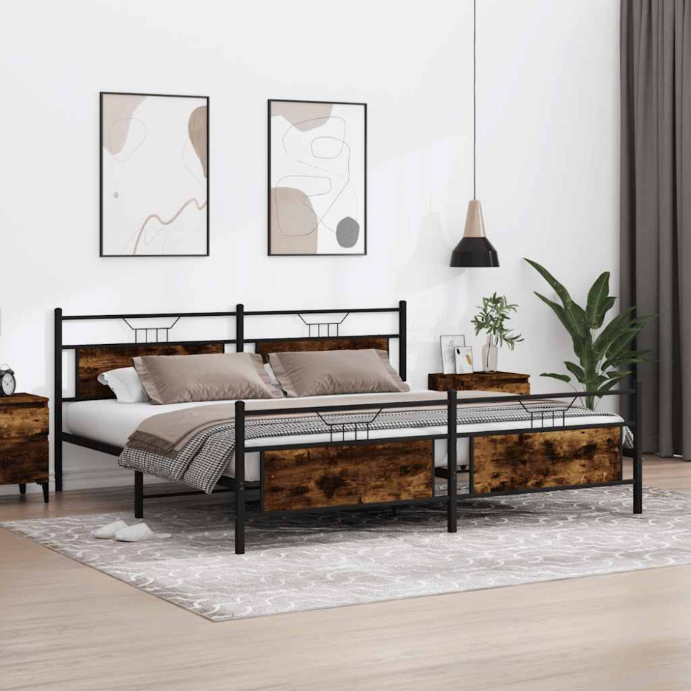 Produktbild för Sängram utan madrass metall rökfärgad ek 193x201 cm
