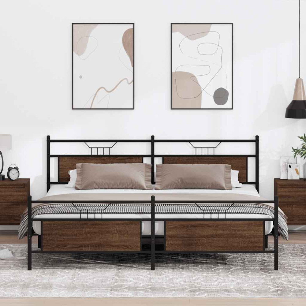 Produktbild för Sängram utan madrass metall brun ek 193x201 cm