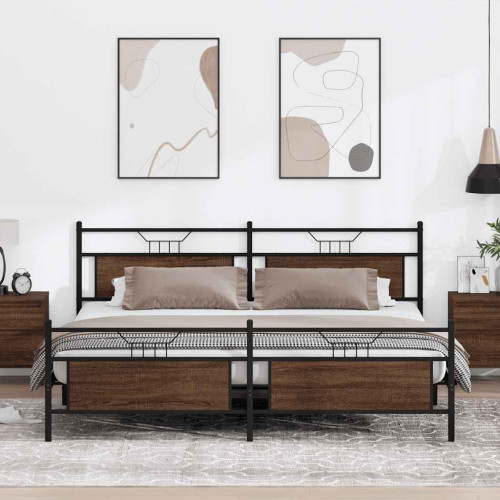 vidaXL Sängram utan madrass metall brun ek 193x201 cm