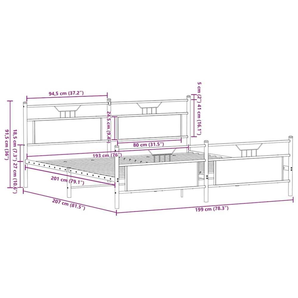 Produktbild för Sängram utan madrass metall brun ek 193x201 cm