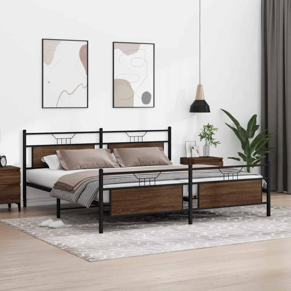 Produktbild för Sängram utan madrass metall brun ek 193x201 cm