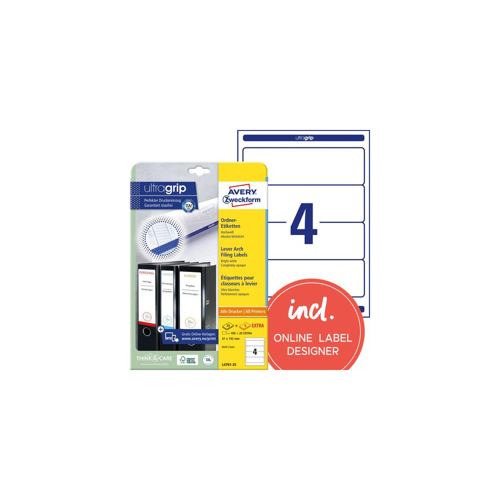 Produktbild för Etikett AVERY breda pärmar 192x61 100/fp