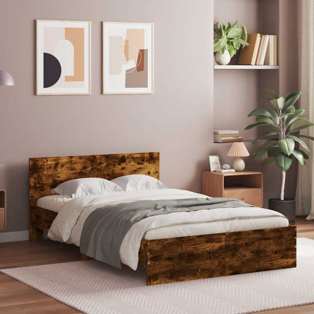 Produktbild för Sängram med huvudgavel och LED rökfärgad ek 120x190 cm