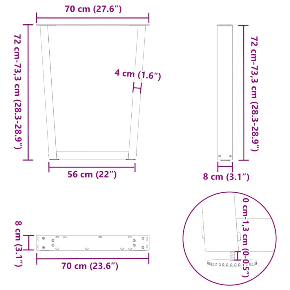 Produktbild för Matbordsben V-formade 3 st naturstål 70x(72-73,3) cm stål