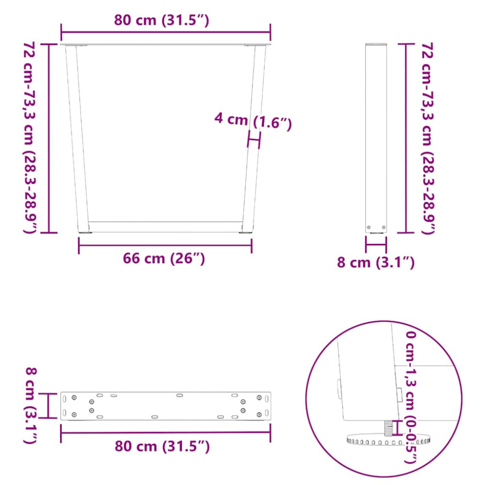 Produktbild för Matbordsben V-formade 3 st naturstål 80x(72-73,3) cm stål
