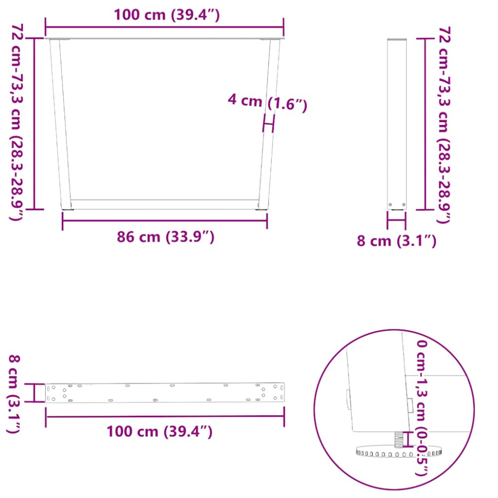 Produktbild för Matbordsben V-formade 3 st naturstål 100x(72-73,3) cm stål