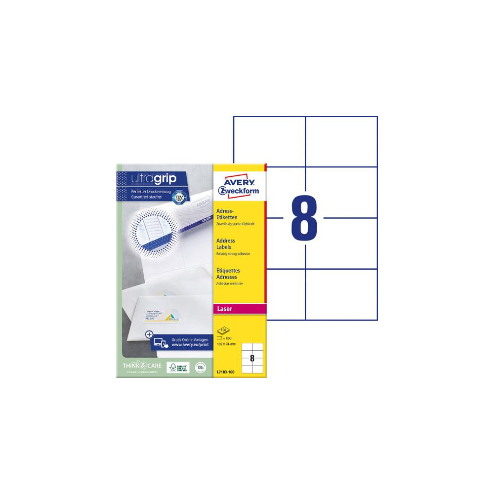Produktbild för Etikett AVERY Laser 105x74mm 800/fp