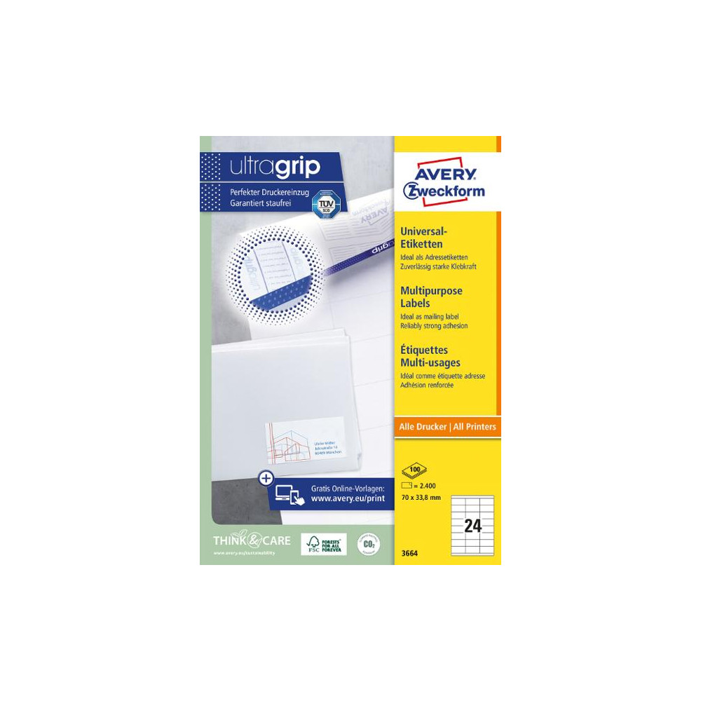Produktbild för Etikett AVERY 70x33,8mm 2400/fp