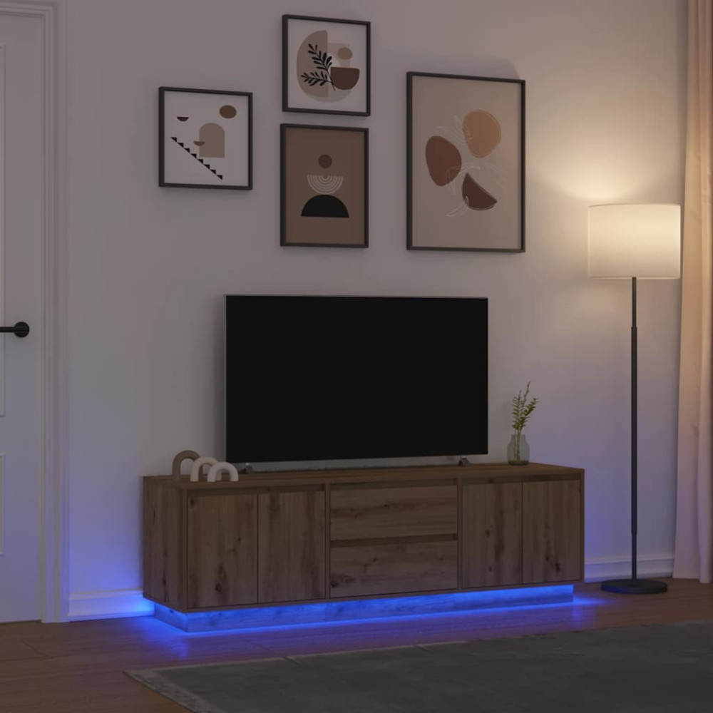Produktbild för TV-bänk med LED-lampor hantverksmässig ek 160,5x41x50 cm