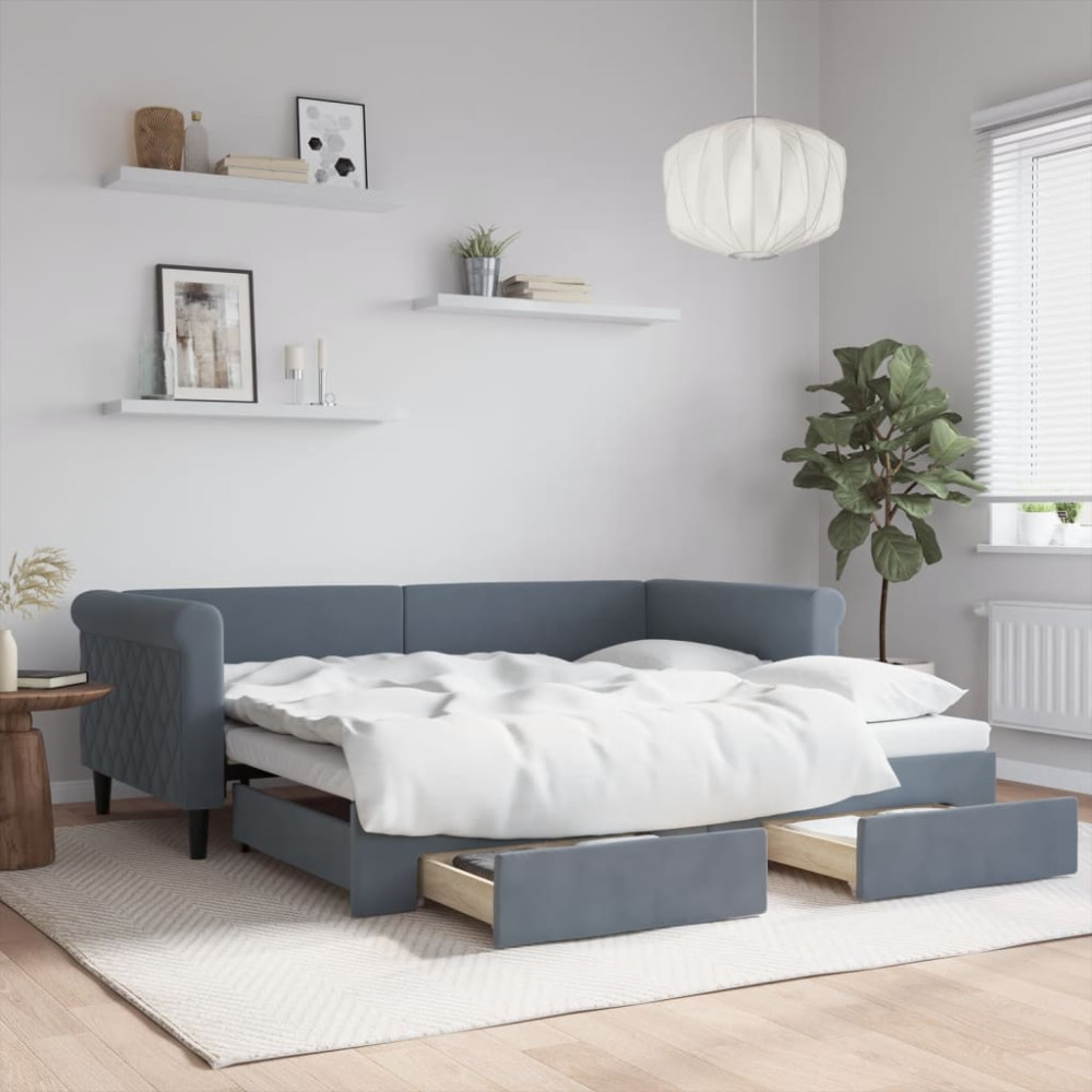Produktbild för Dagbädd utdragbar med lådor mörkgrå 90x190 cm sammet