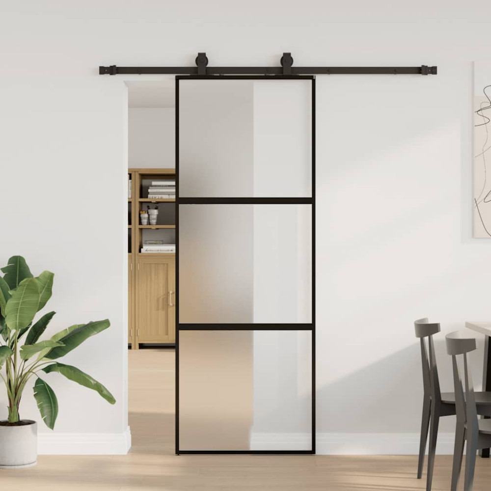 Produktbild för Skjutdörr med beslag svart 76x205 cm härdat glas